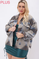 TAUPE / BLUE PLUS TRIBAL AZTEC PATTERN BUTTON DOWN SHIRT JACKET by SWEET GENERIS